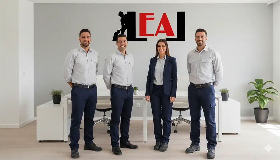 Foto del equipo en la oficina con el logo detrás en la pared