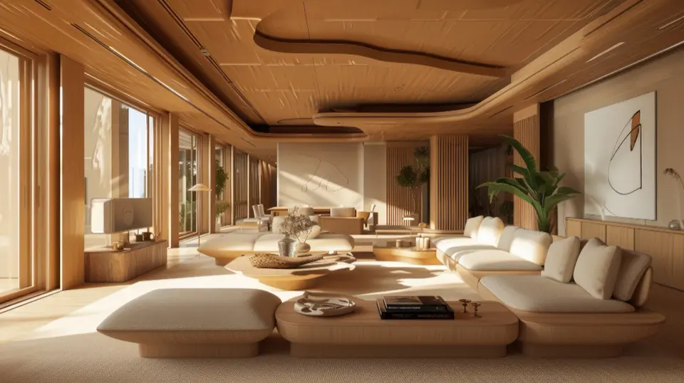 Salón espectacular de madera noble con multitud de sofás y entrada de luz lateral. Espacio muy acogedor