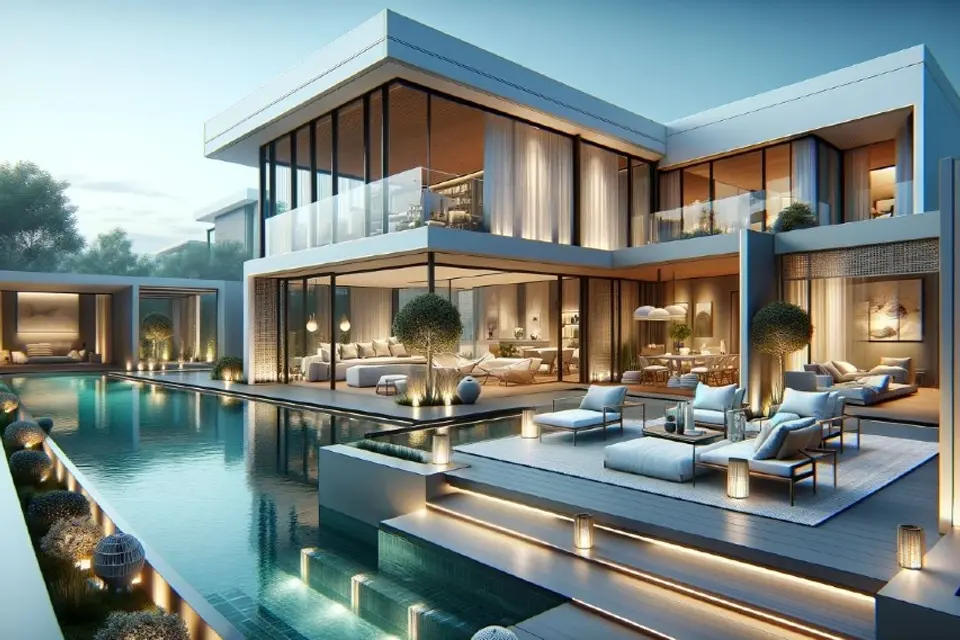 Render de planificación de un proyecto de una mansión con piscina